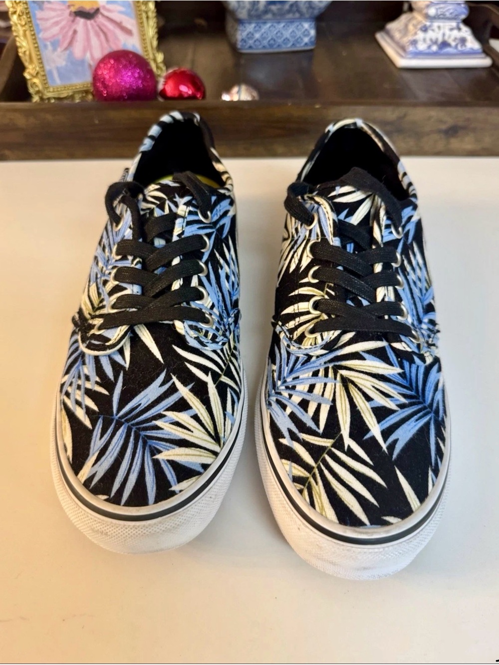 Retired Vans Black Canvas Sneakers with Blue and Cream Tropical Leaf Print